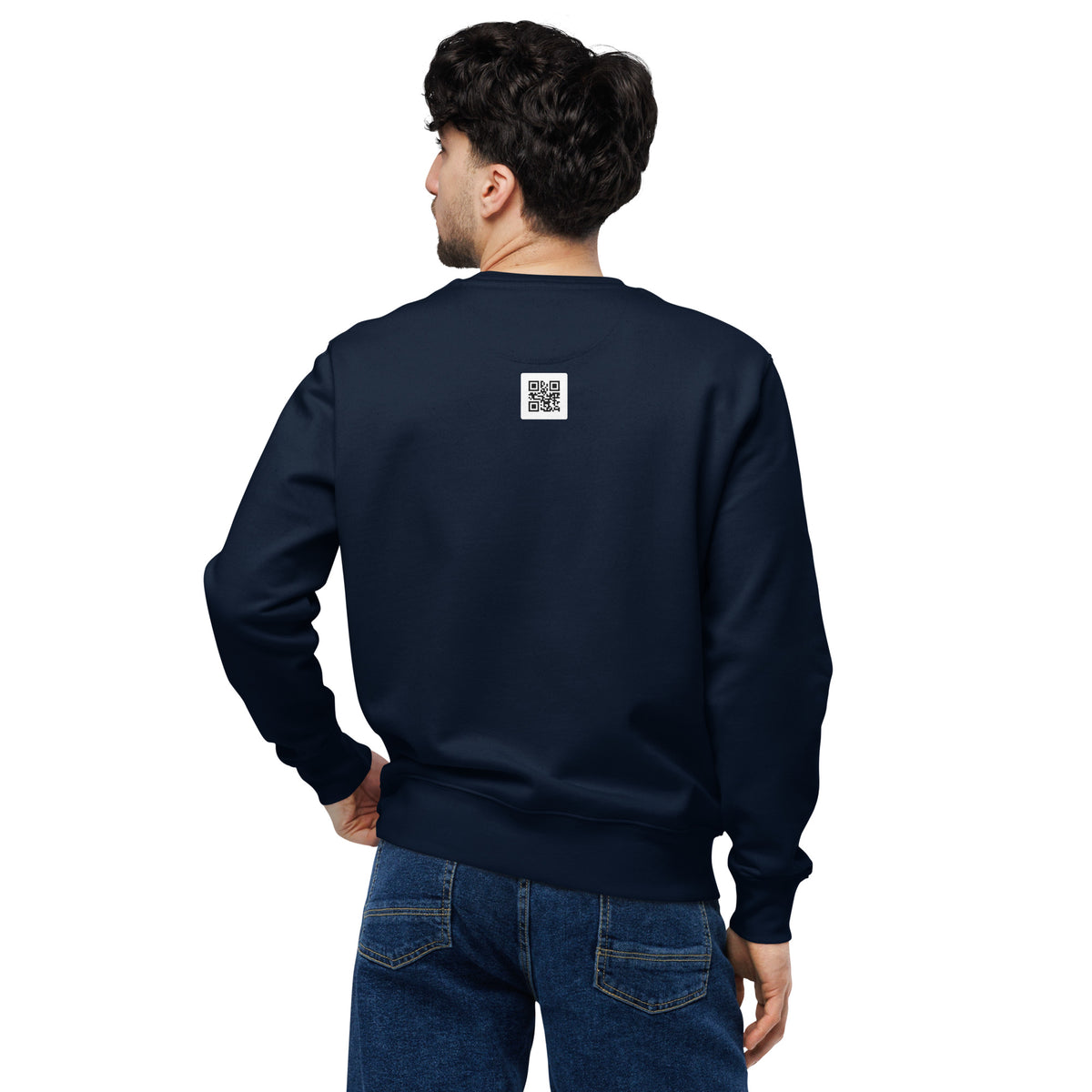 SINGLE Crew organic cotton sweatshirt in French Navy, worn, back with serial QR code