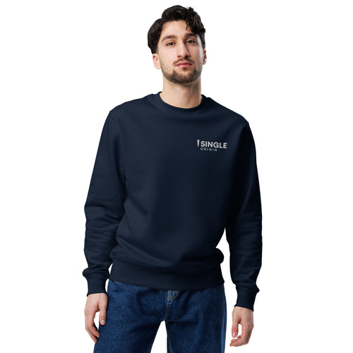 SINGLE Crew organic cotton sweatshirt in French Navy, worn, front
