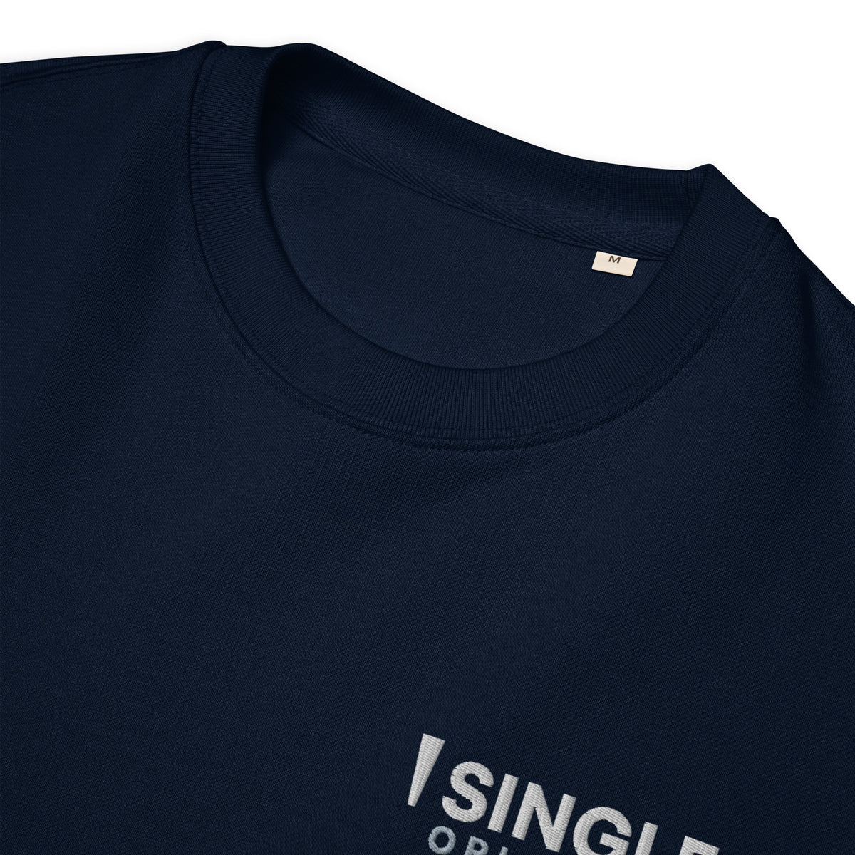 SINGLE Crew organic cotton sweatshirt in French Navy, chest logo close-up