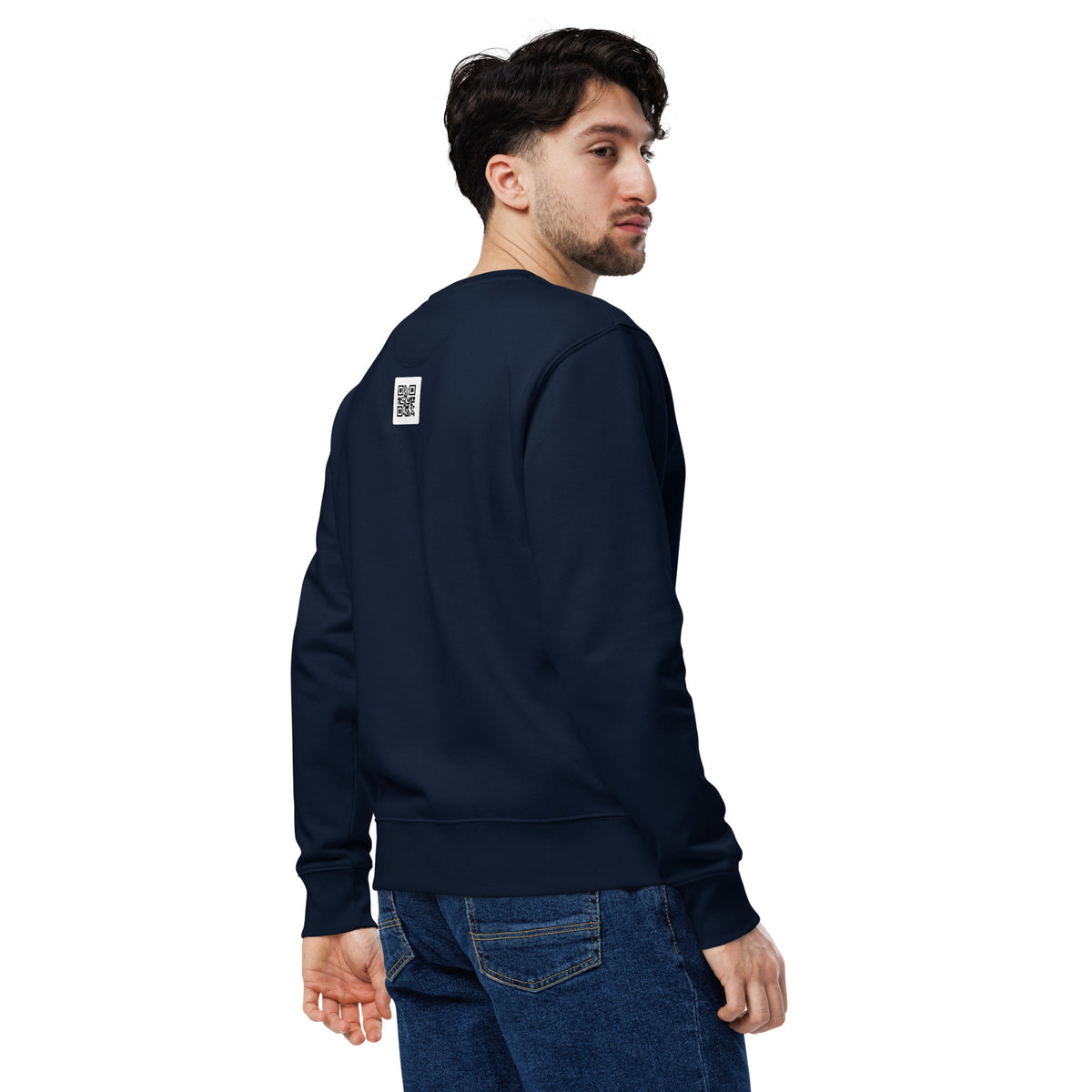 SINGLE Crew organic cotton sweatshirt in French Navy, worn, back, angled right