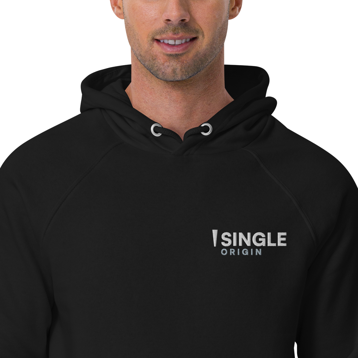 SINGLE Origin organic cotton hoodie in Black, embroidered chest logo