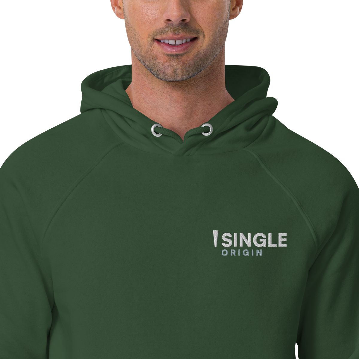 SINGLE Origin organic cotton hoodie in Bottle Green, embroidered chest logo