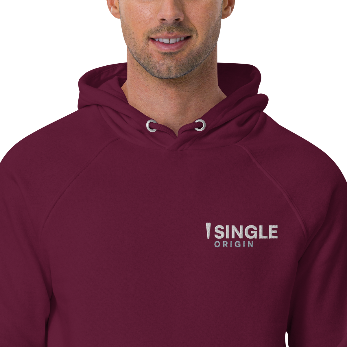 SINGLE Origin organic cotton hoodie in Burgundy, embroidered chest logo