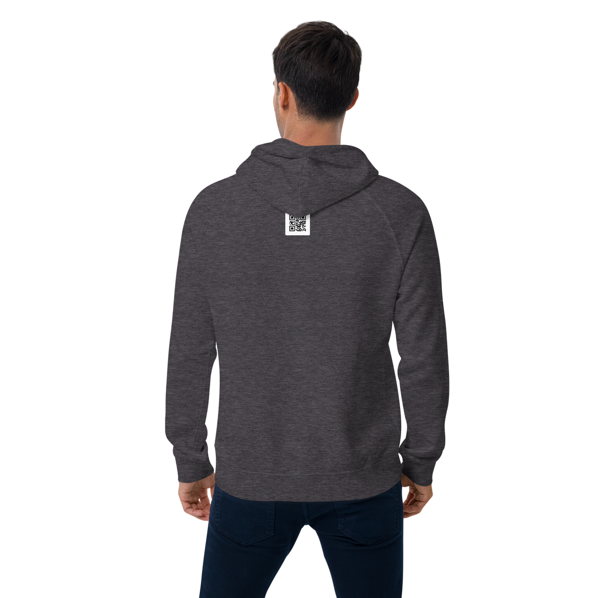 SINGLE Origin organic cotton hoodie in Charcoal Melange, worn, back with serial QR code