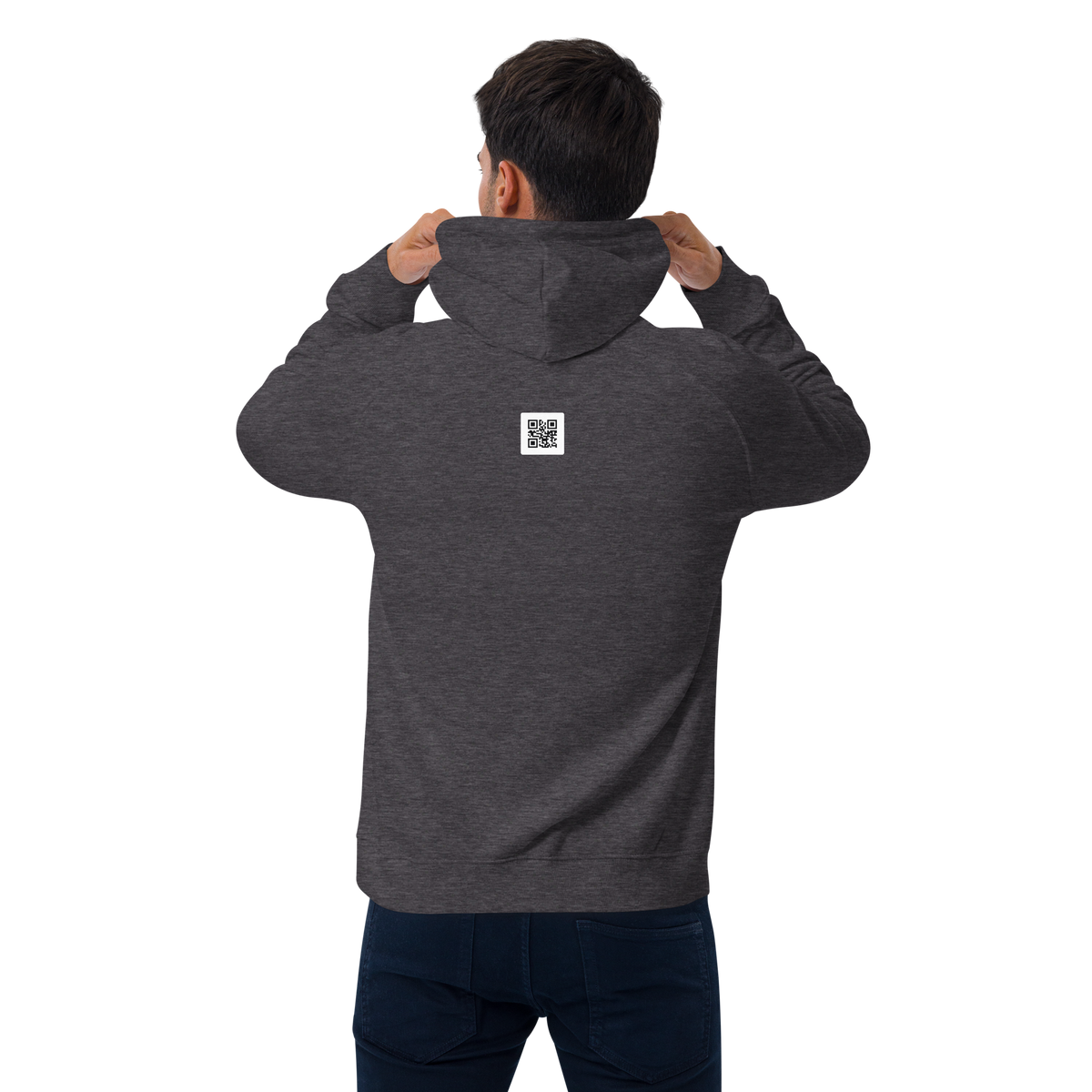 SINGLE Origin organic cotton hoodie in Charcoal Melange, worn, back, hood up