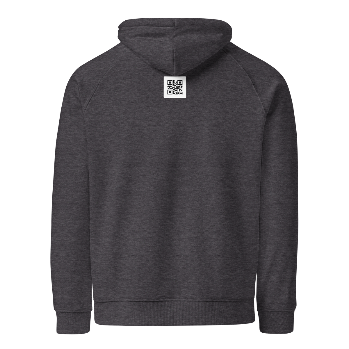 SINGLE Origin organic cotton hoodie in Charcoal Melange, back with serial QR code