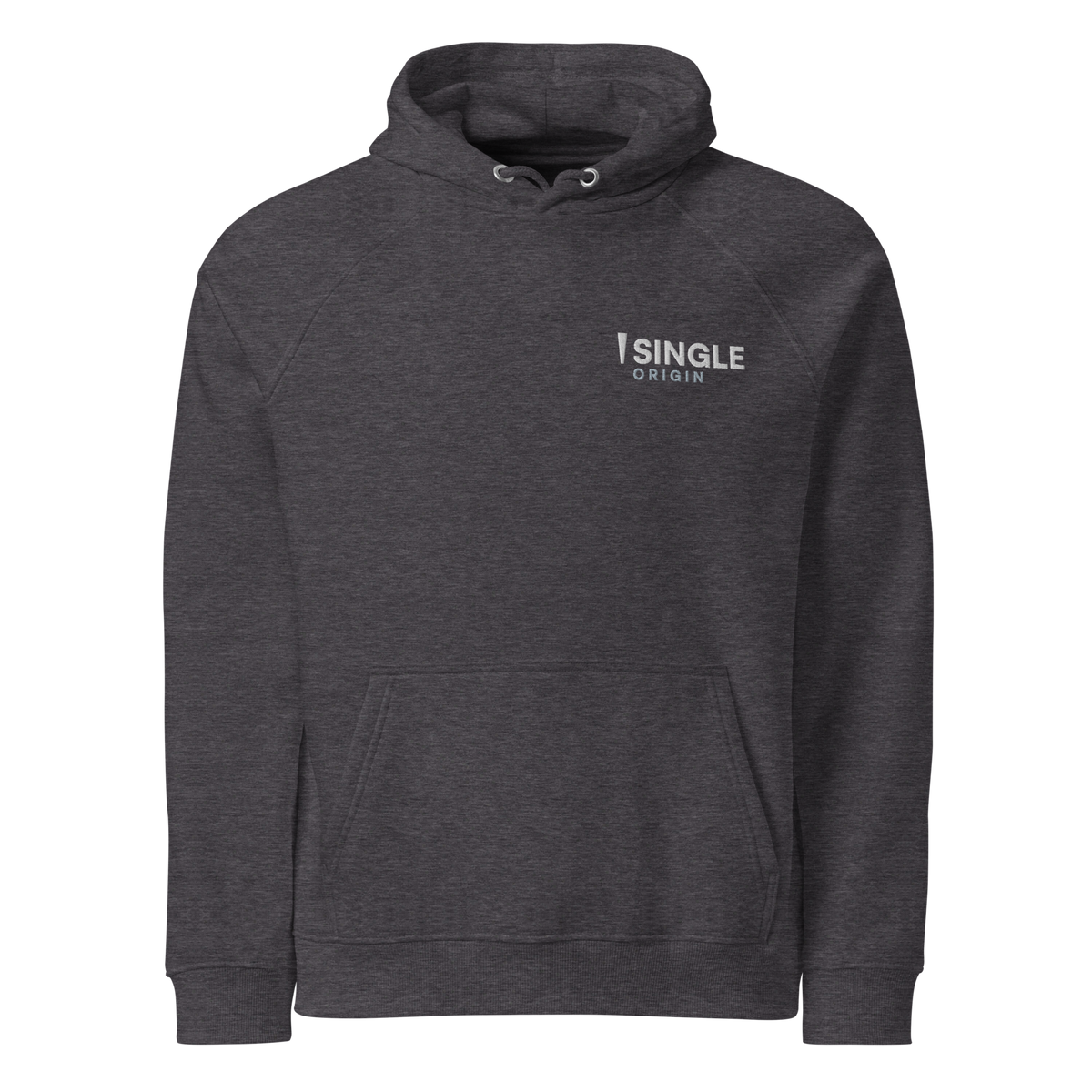 SINGLE Origin organic cotton hoodie in Charcoal Melange, front