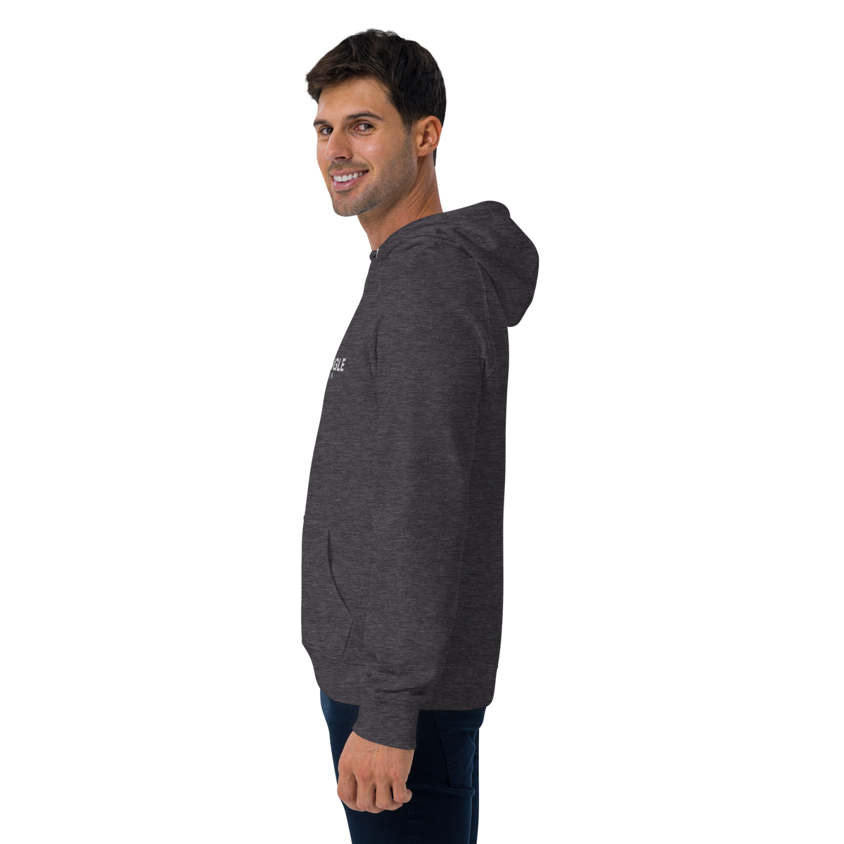 SINGLE Origin organic cotton hoodie in Charcoal Melange, worn, left side