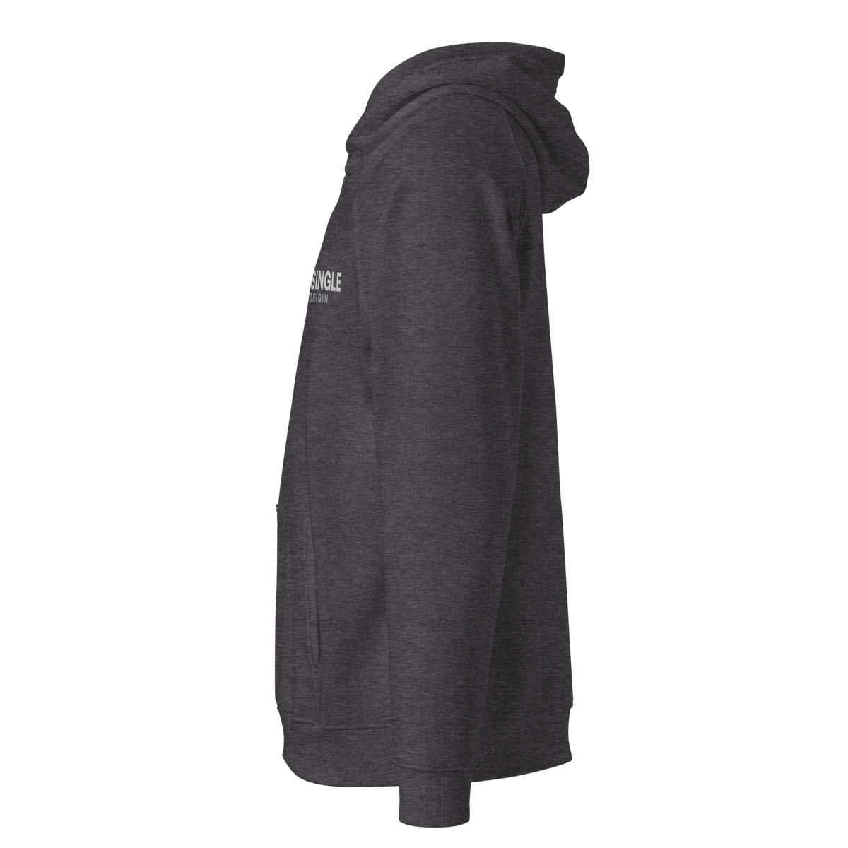 SINGLE Origin organic cotton hoodie in Charcoal Melange, left side