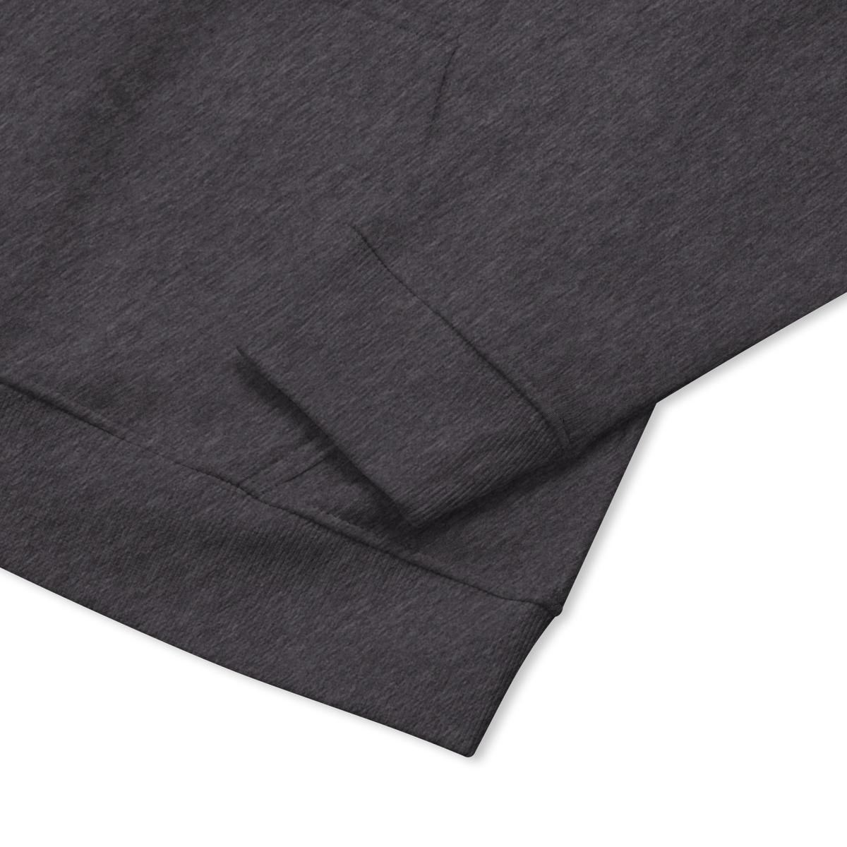 SINGLE Origin organic cotton hoodie in Charcoal Melange, ribbed hem close-up