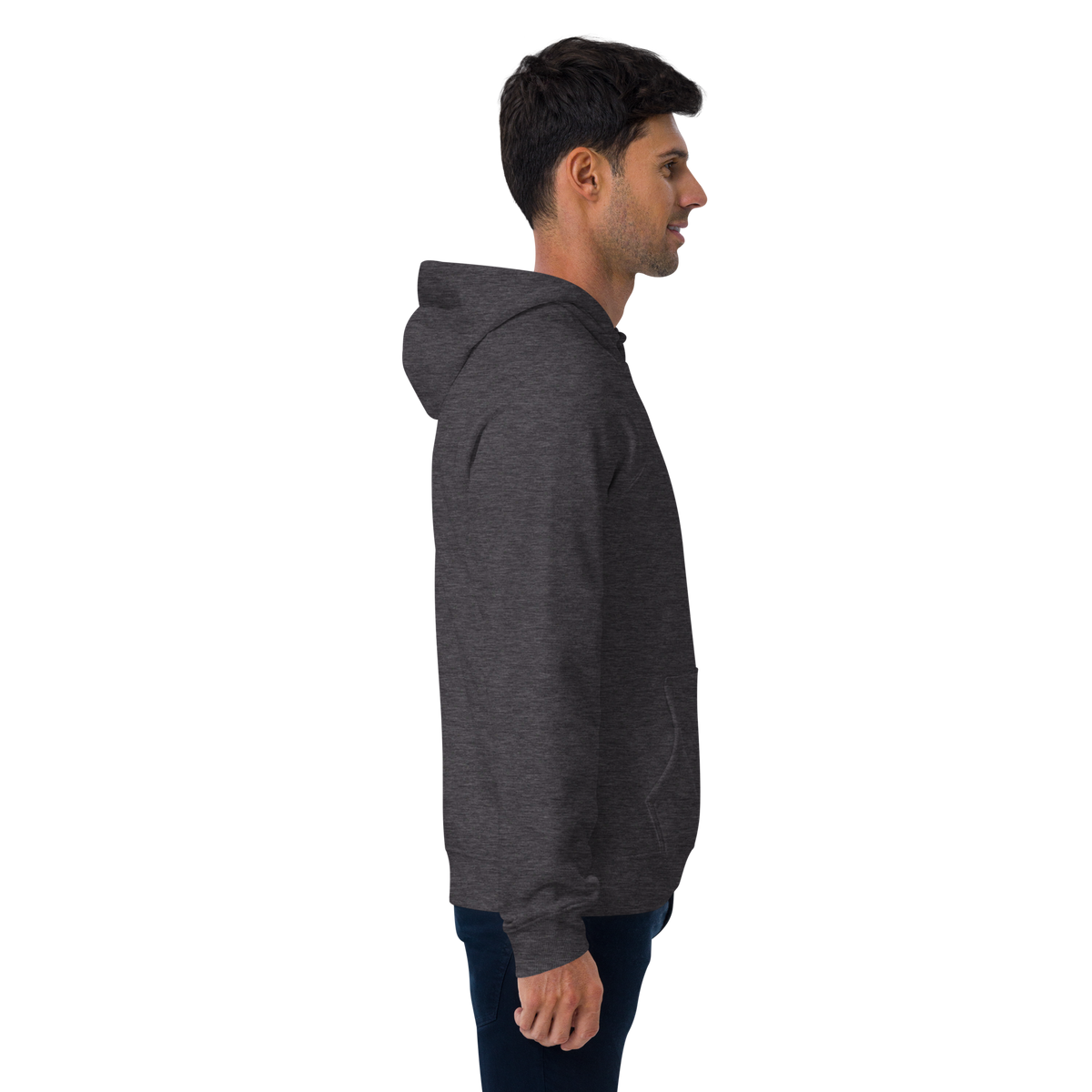 SINGLE Origin organic cotton hoodie in Charcoal Melange, worn, right side