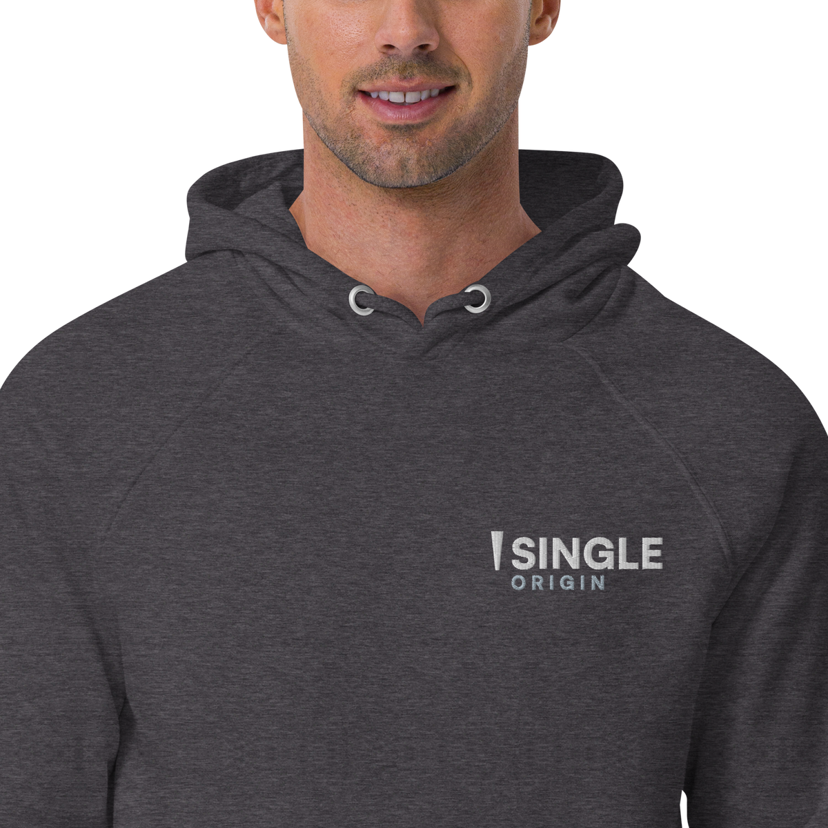 SINGLE Origin organic cotton hoodie in Charcoal Melange, embroidered chest logo