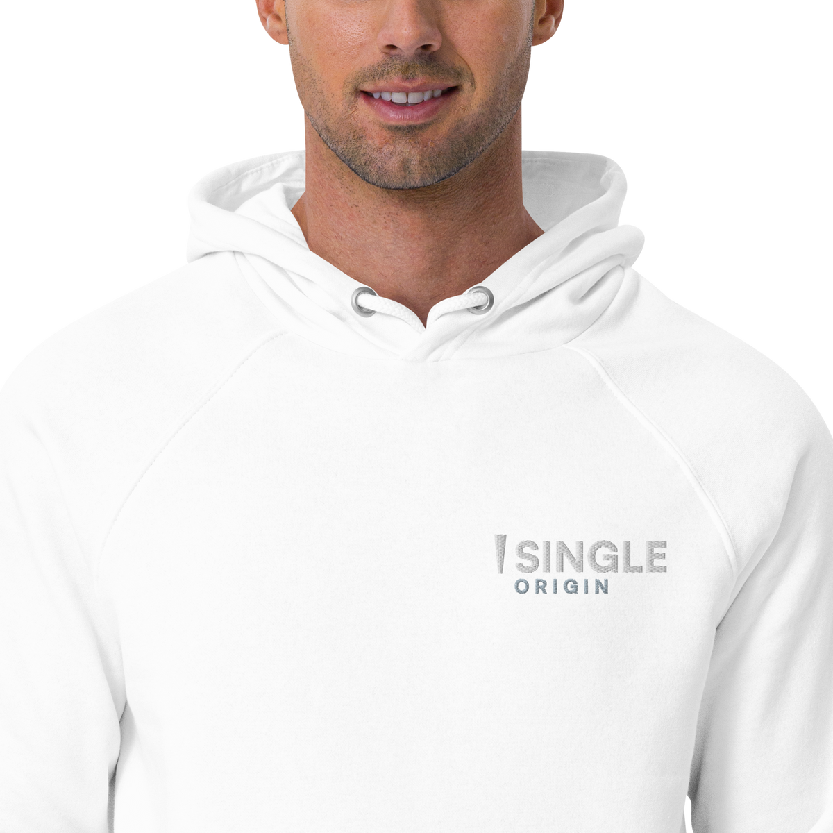 SINGLE Origin organic cotton hoodie in White, embroidered chest logo