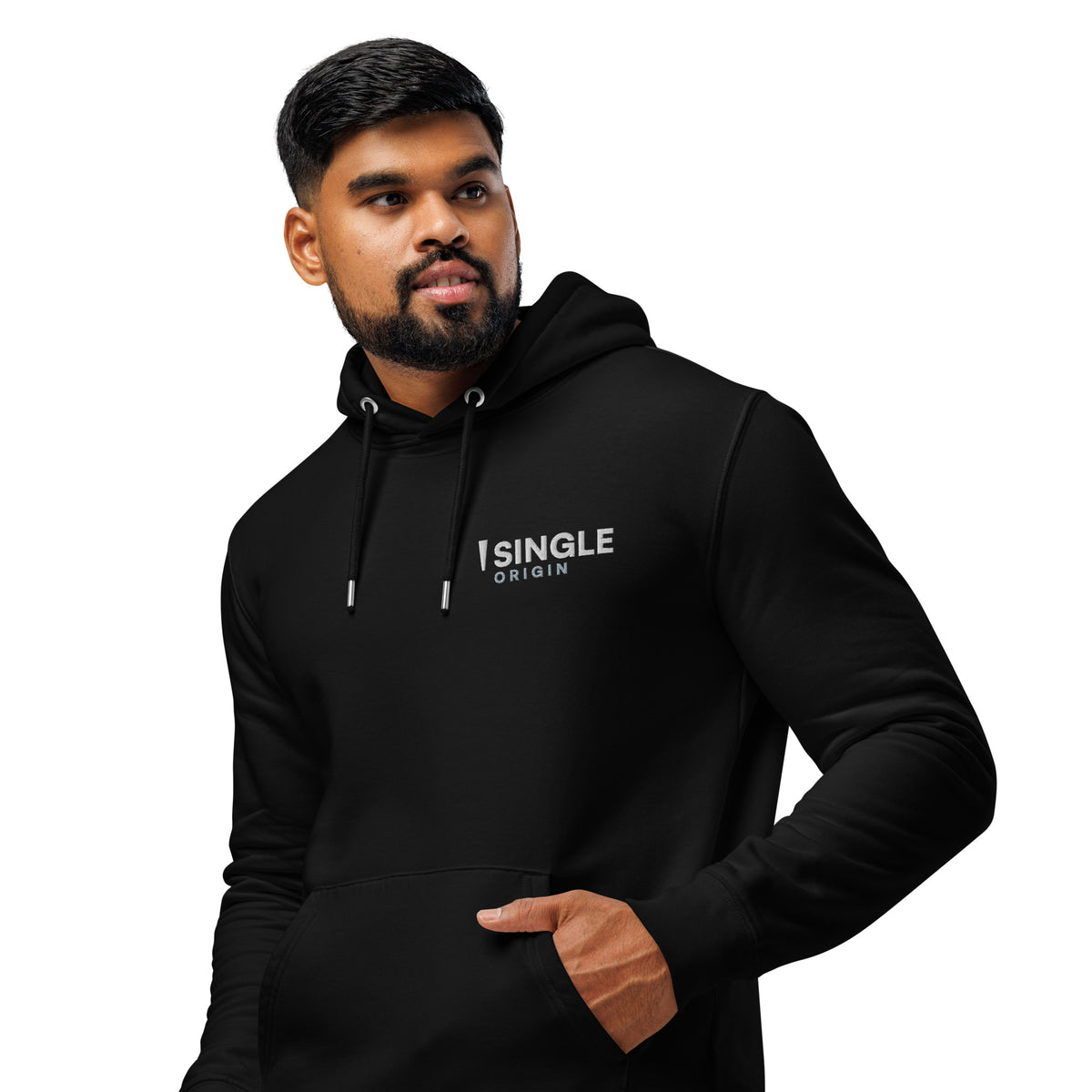 SINGLE Core organic cotton hoodie in Black, front, angled left