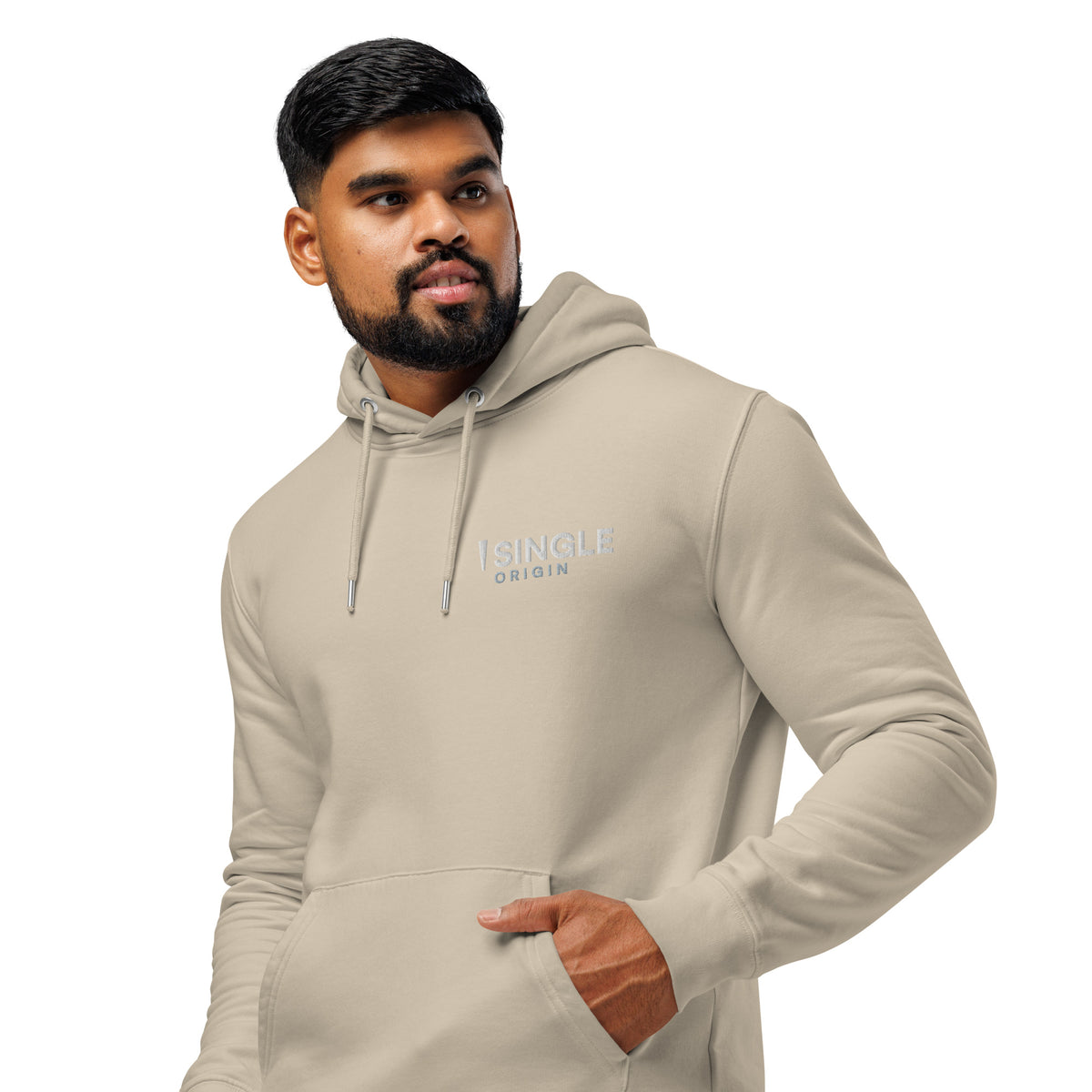 SINGLE Core organic cotton hoodie in Desert Dust, front, angled left