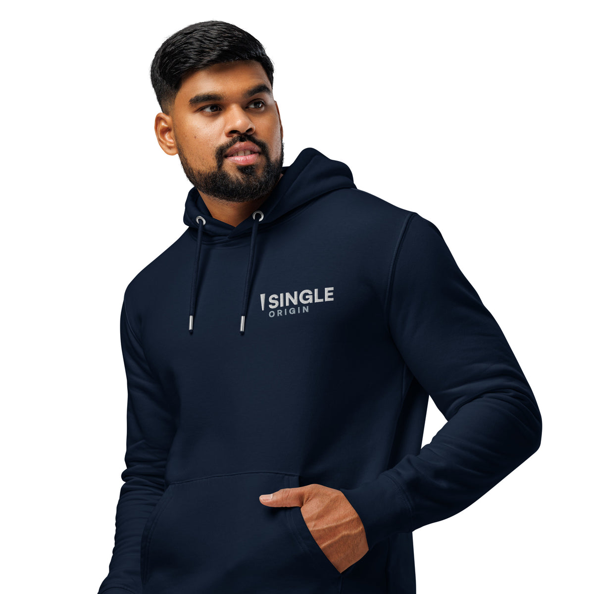 SINGLE Core organic cotton hoodie in French Navy, front, angled left