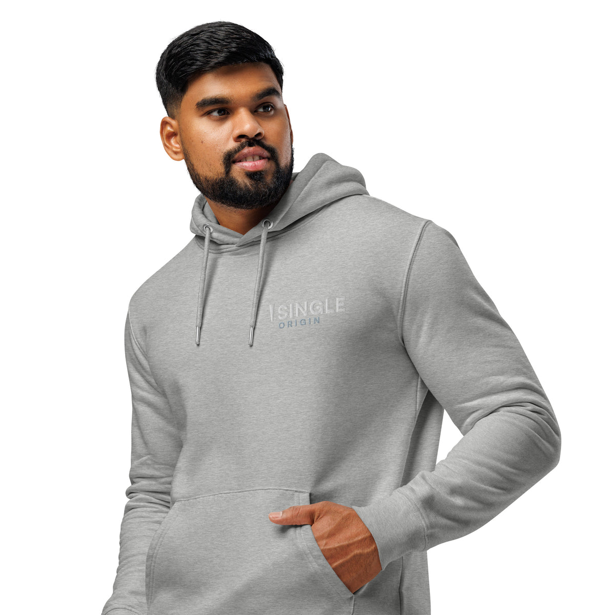 SINGLE Core organic cotton hoodie in Heather Grey, front, angled left