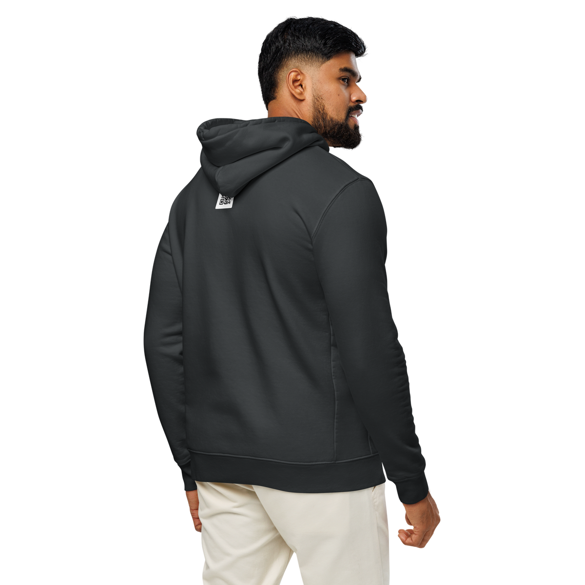 SINGLE Core organic cotton hoodie in India Ink Grey, back with serial QR code, alternate view