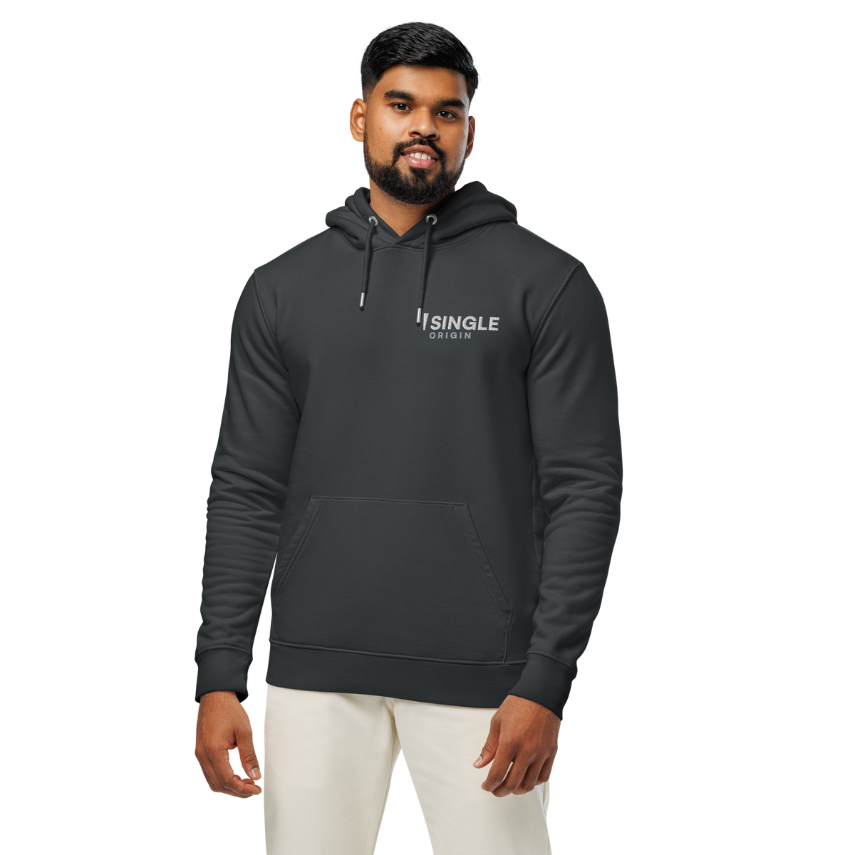 SINGLE Core organic cotton hoodie in India Ink Grey, front