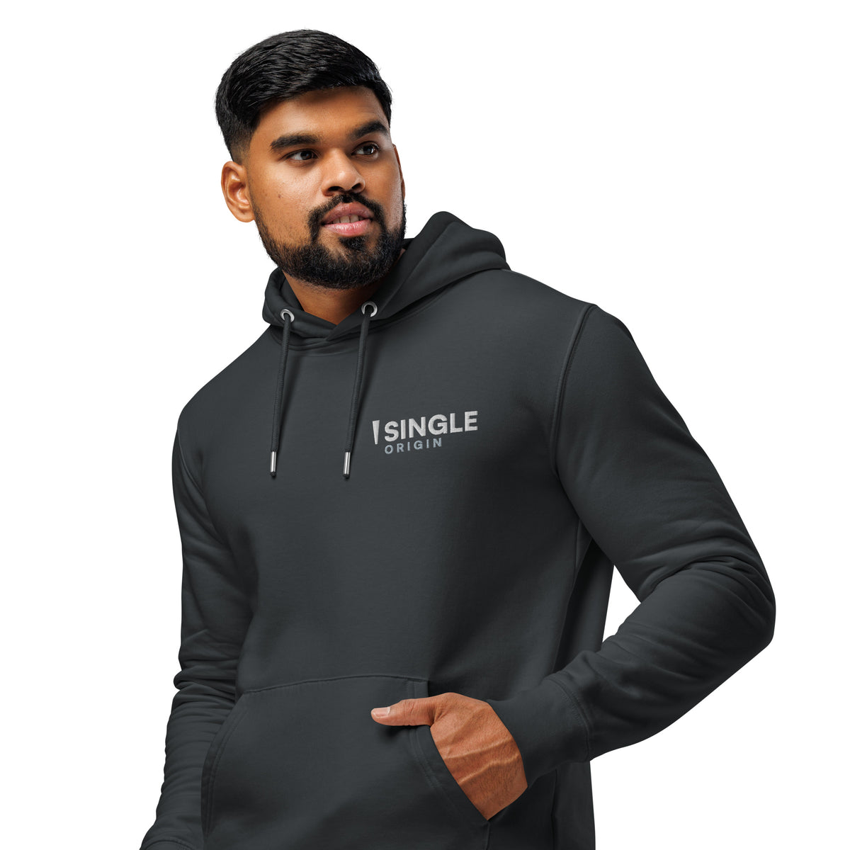 SINGLE Core organic cotton hoodie in India Ink Grey, front, angled left