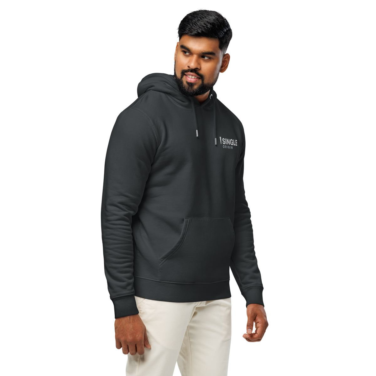 SINGLE Core organic cotton hoodie in India Ink Grey, front, angled right