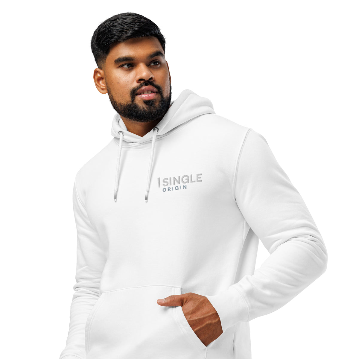 SINGLE Core organic cotton hoodie in White, front, angled left
